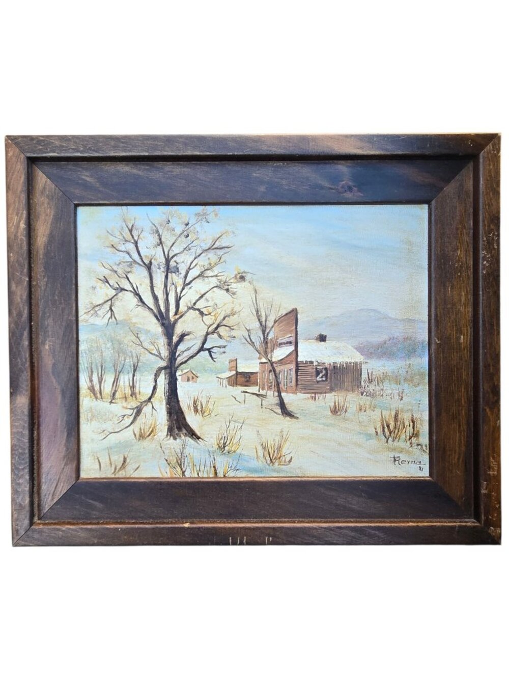Winter Landscape Painting Wall Art Wooden Frame Signed Cozy Cabincore Vintage